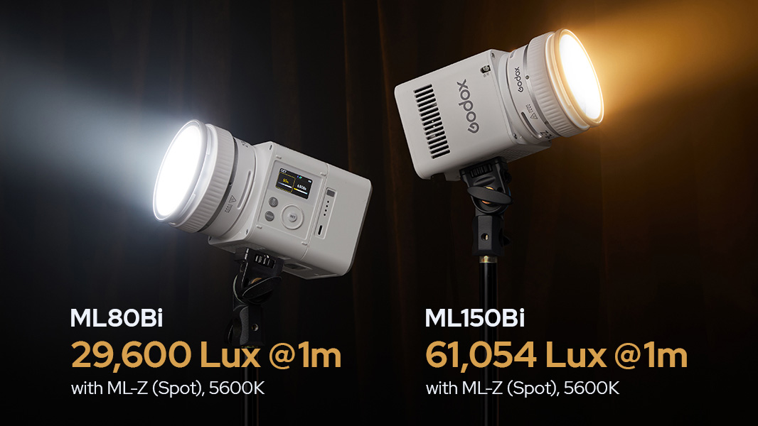 Godox ML80Bi and ML150Bi product image with text displaying information about the lights