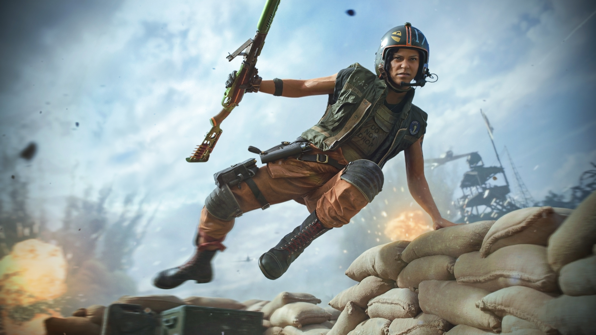 Female Operative Florence Carter holding a rifle and jumping over a sandbag stack in Call of Duty Warzone
