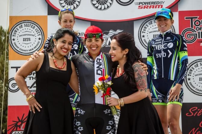 Carmen Small (DNA Cycling) happy on the podium after todays win
