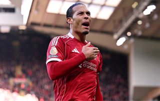  Virgil van Dijk of Liverpool celebrates scoring his team's second goal during the Premier League match between Liverpool and West Ham United at Anfield on February 28, 2026 in Liverpool, England.