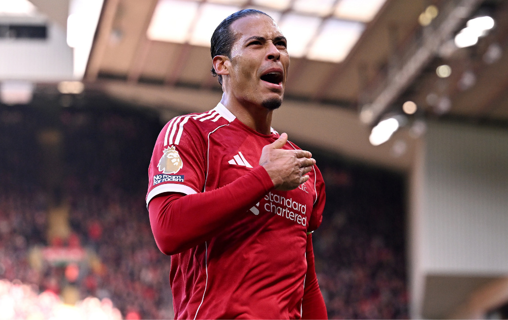  Virgil van Dijk of Liverpool celebrates scoring his team's second goal during the Premier League match between Liverpool and West Ham United at Anfield on February 28, 2026 in Liverpool, England.