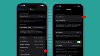 Two iPhone 16 Pro phones showing its camera settings