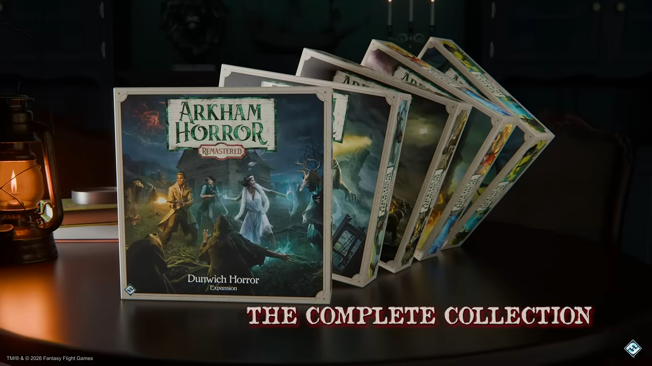 A collection of Arkham Horror Remastered expansions lined up on a table with a lantern beside them