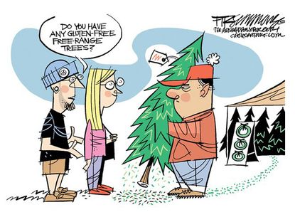 Editorial cartoon Christmas tree gluten free organic