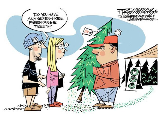 Editorial cartoon Christmas tree gluten free organic