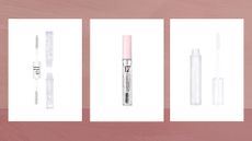 Collage of three of the best clear mascaras featured in this guide from e.l.f., 17 and Barry M, set against a dark pink watercolour-style background