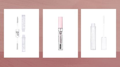 Collage of three of the best clear mascaras featured in this guide from e.l.f., 17 and Barry M, set against a dark pink watercolour-style background