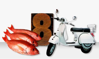 three red fish, the number 8 and a white vespa stacked together digitally 