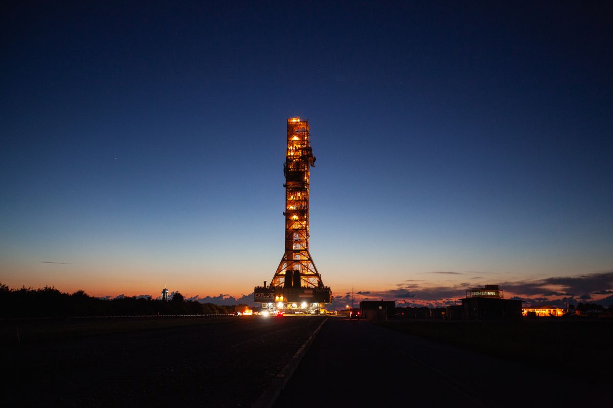 NASA&#039;s massive mobile launcher headed to the launchpad for testing as the sun rose over Kennedy Space Center, as seen on June 27, 2019.