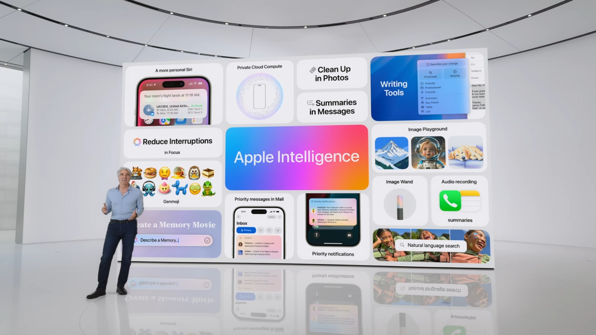 Craig Federighi dari Apple mempersembahkan Apple Intelligence di Konferensi Pengembang Seluruh Dunia (WWDC) 2024.