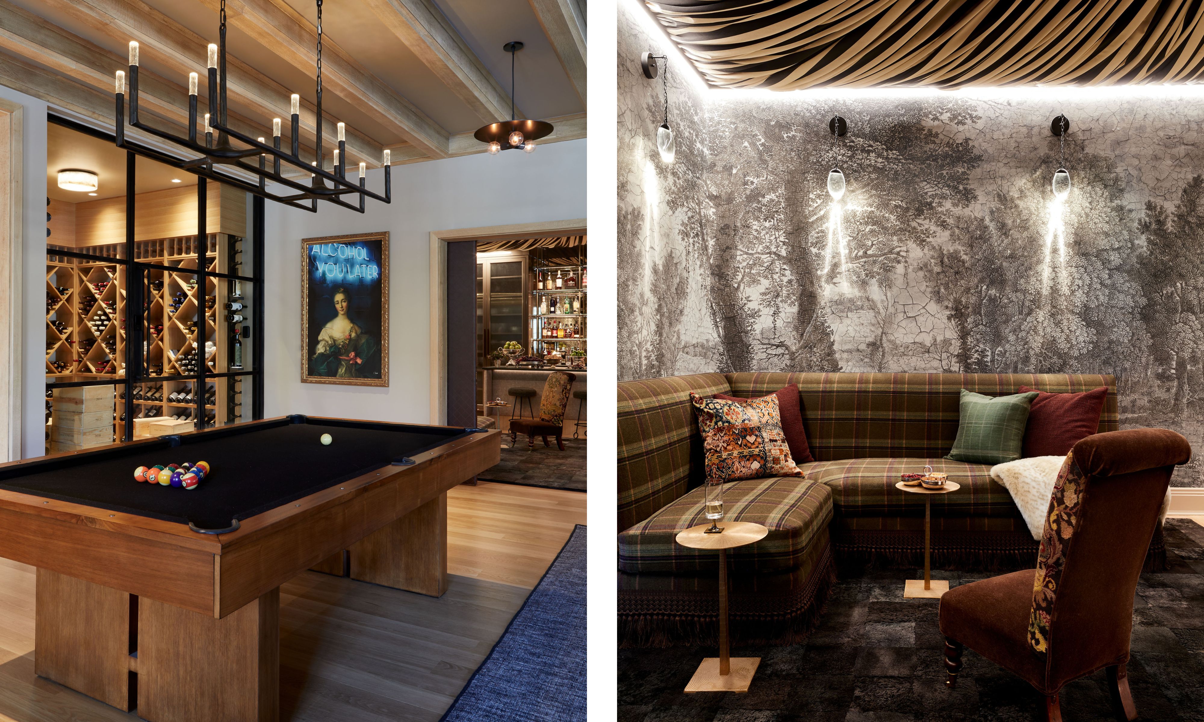 Two images of a speakeasy with a pool table and a wine room with a glass wall, and a cozy seating area with a gray forest wall mural, a dark green plaid sofa, and a tented ceiling with striped fabric.
