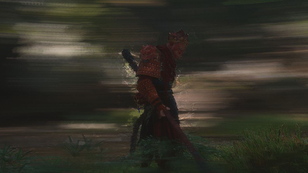 A screenshot from Black Myth:Wukong highlight the visual impact of using motion blur with frame generation