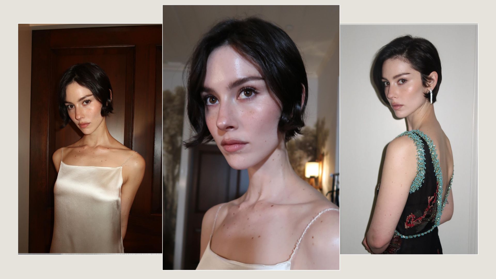 A collage of Gracie Abrams wearing glowing makeup looks