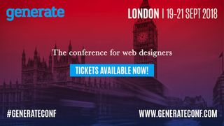 Image with a message announcing tickets for Generate London are now on sale, over the top of a London skyline with a red and purple gradient