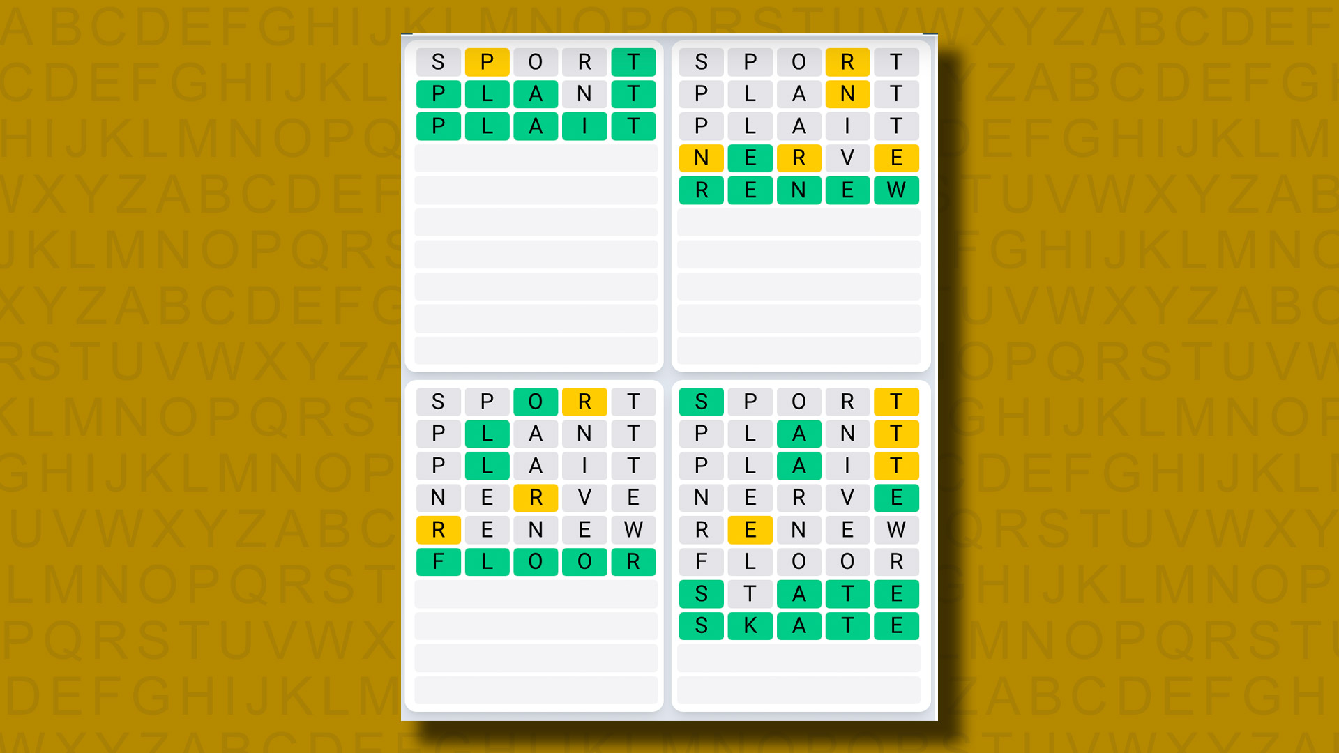 Quordle Daily Sequence answers for game 1047 on a yellow background