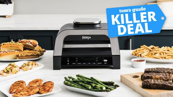 Ninja Foodi Smart XL Grill surrounded by food