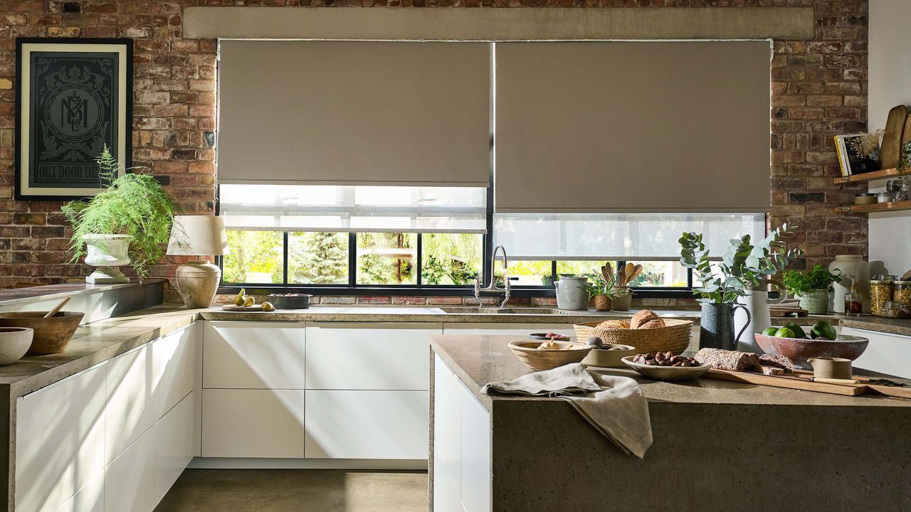 Blinds 2go roller blind in kitchen with exposed brick wall