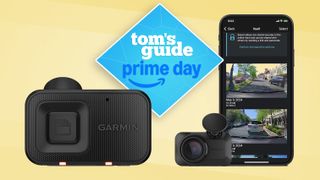 The garmin dash cam mini 3 and companion app on phone on a yellow background with a prime day logo in the centre.