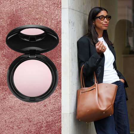 A woman wearing a white shirt and blue jeans with a black cardigan over her outfit. Shes holding a brown bag. She is flanked by two pressed setting powders.