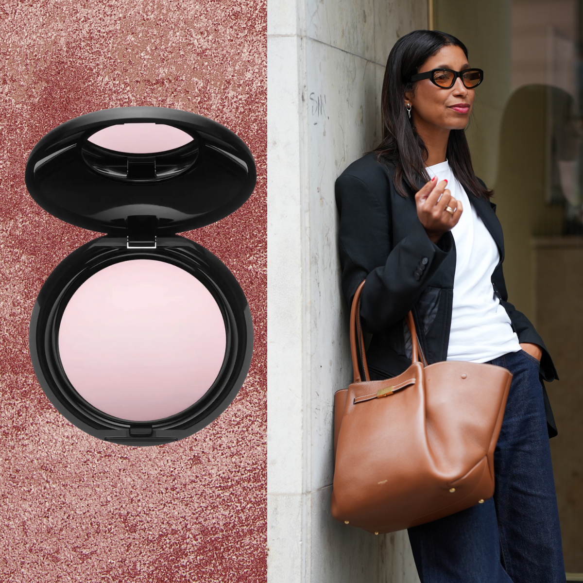 A woman wearing a white shirt and blue jeans with a black cardigan over her outfit. Shes holding a brown bag. She is flanked by two pressed setting powders.
