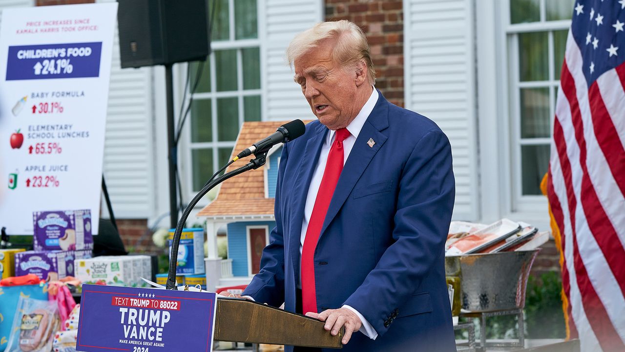 Former US President Donald Trump during a news conference at Trump National Golf Club in Bedminster, New Jersey, US, on Thursday, Aug. 15, 2024. 