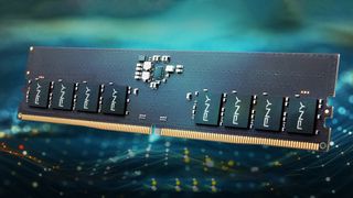PNY DDR5 RAM kit render on a blue background