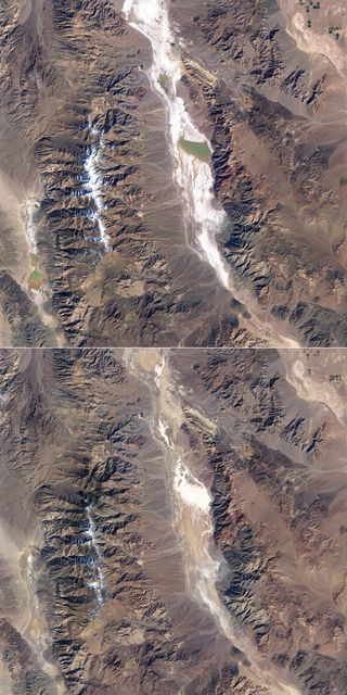 Lake Badwater in California's Death Valley received water from rainfall in 2005 (top). Over the course of two years, the water evaporated (bottom), leaving behind new deposits of salts as evaporite. A similar process may have happened on Saturn's moon Titan.