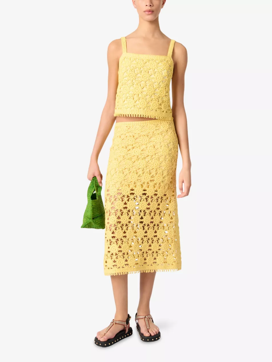 Openwork Slim-Fit High-Rise Crochet Midi Skirt
