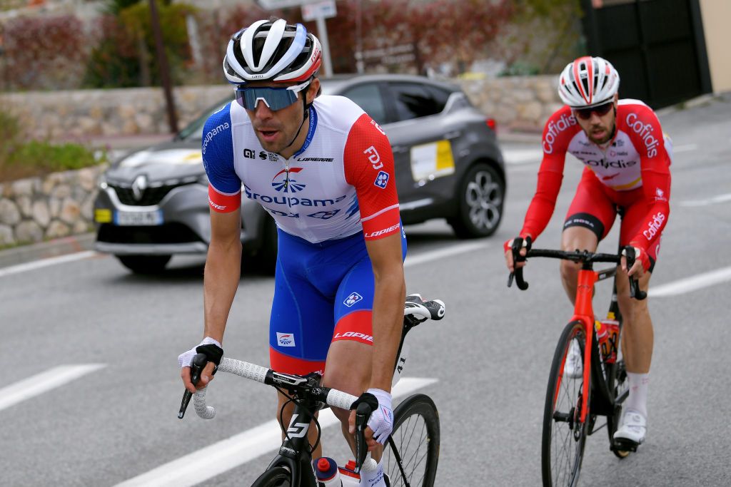 GOURDON FRANCE FEBRUARY 19 Thibaut Pinot of France and Team Groupama FDJ Jesus Herrada Lopez of Spain and Team Cofidis Solution Credits during the 53rd Tour Des Alpes Maritimes Et Du Var Stage 1 a 1868km stage from Biot to Gourdon 698m letour0683 on February 19 2021 in Gourdon France Photo by Luc ClaessenGetty Images