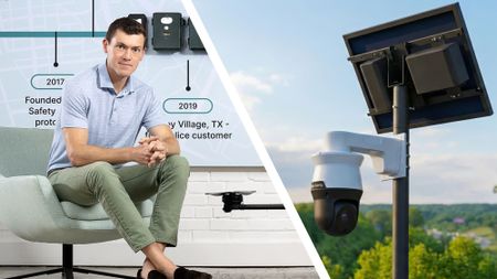 Flock CEO Garrett Langley next to a photo of a Flock camera with a solar panel