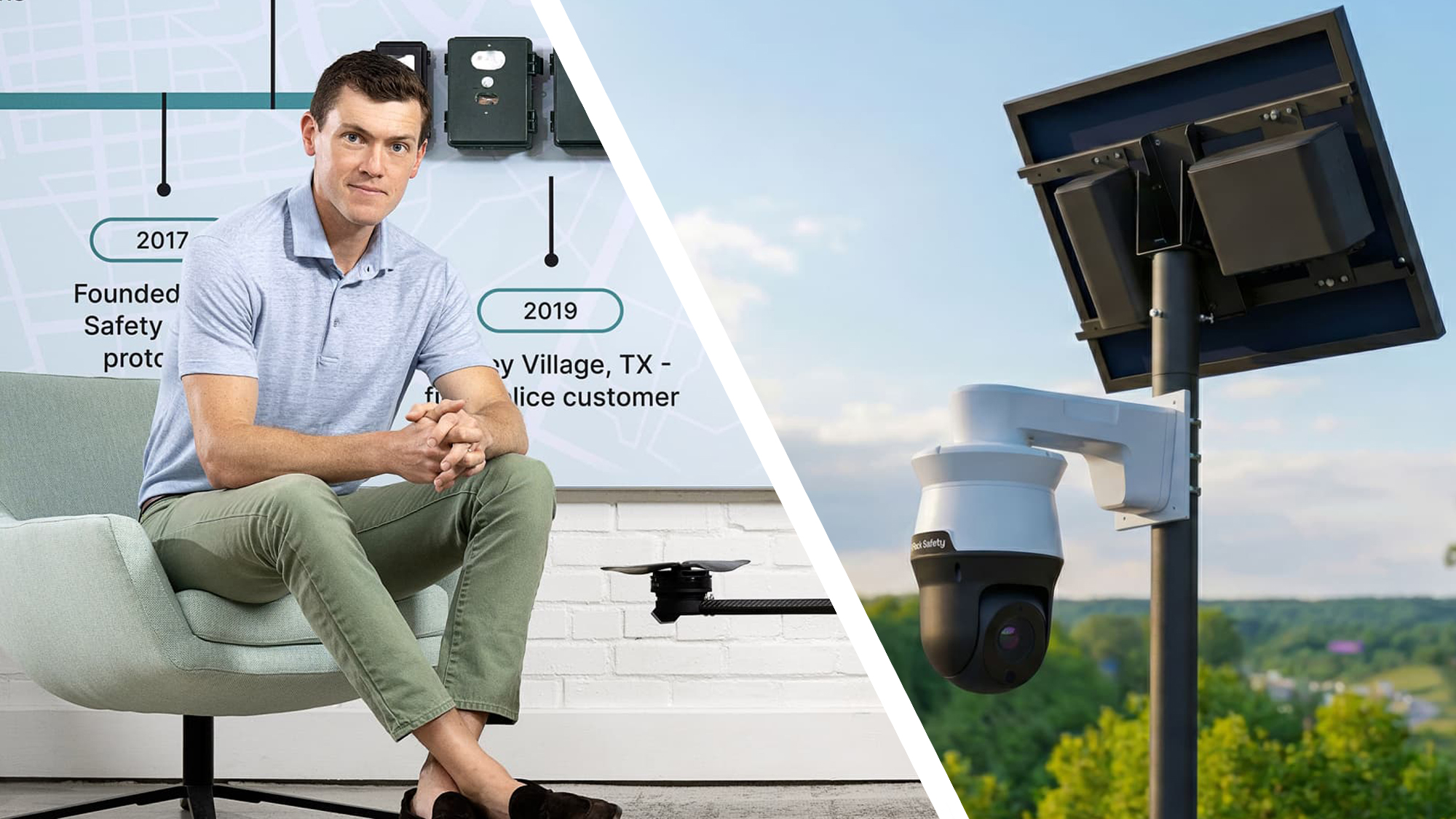 Flock CEO Garrett Langley next to a photo of a Flock camera with a solar panel