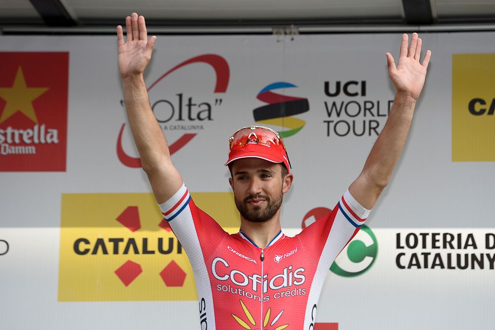 Nacer Bouhanni on the stage 1 podium at Volta a Catalunya
