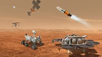illustration of a rover and a lander on the surface of mars, with a small helicopter, a rocket and a satellite in the sky above them.