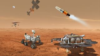 illustration showing a rover and lander on mars, with a helicopter flying above them and a satellite overhead