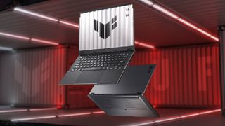 Asus Tuf Gaming 14 in black colorway against red cargo container background