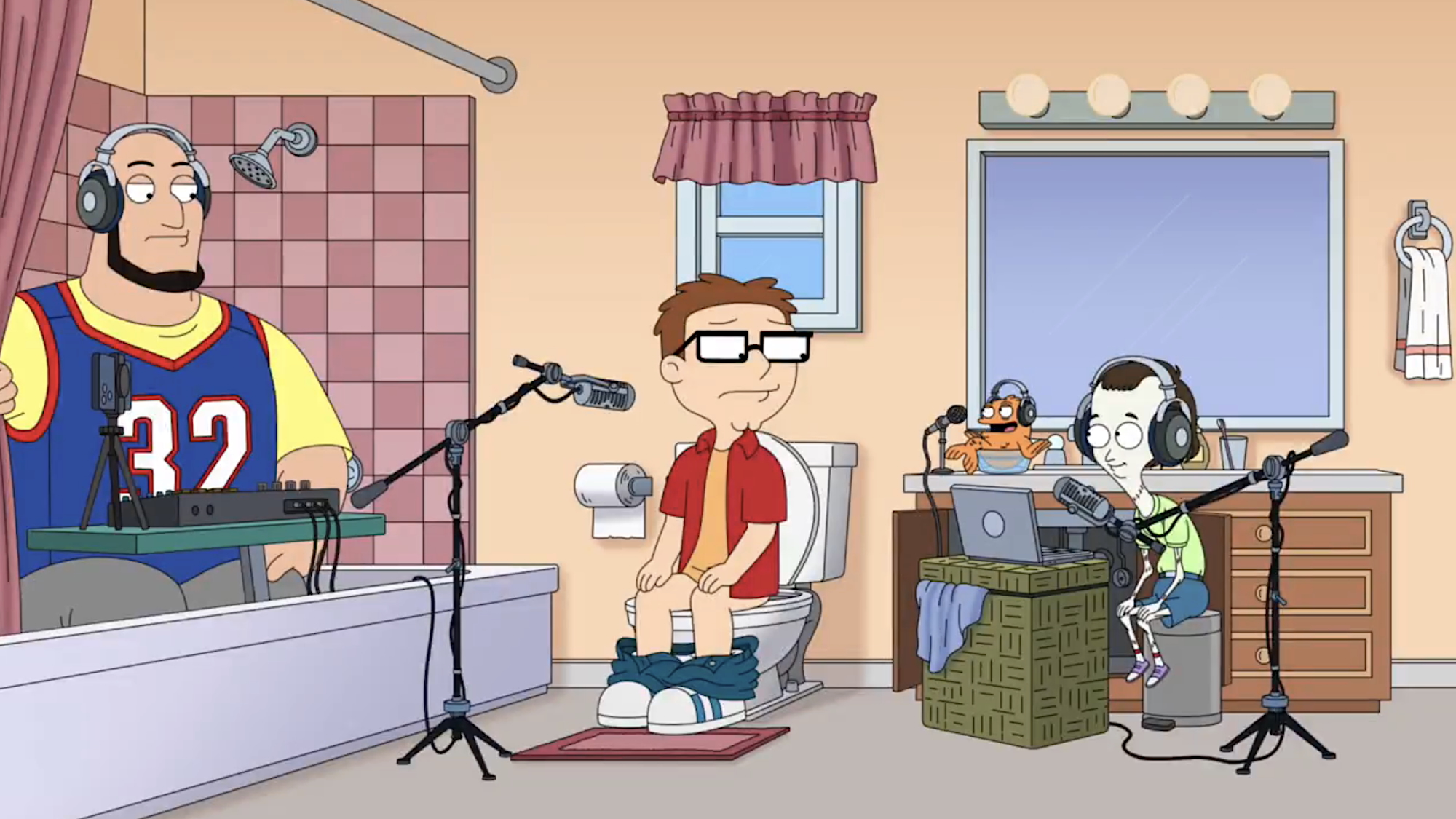 Steve sitting on the toilet while Klaus, Billy and one of Klaus' boys record a podcast in American Dad Season 20