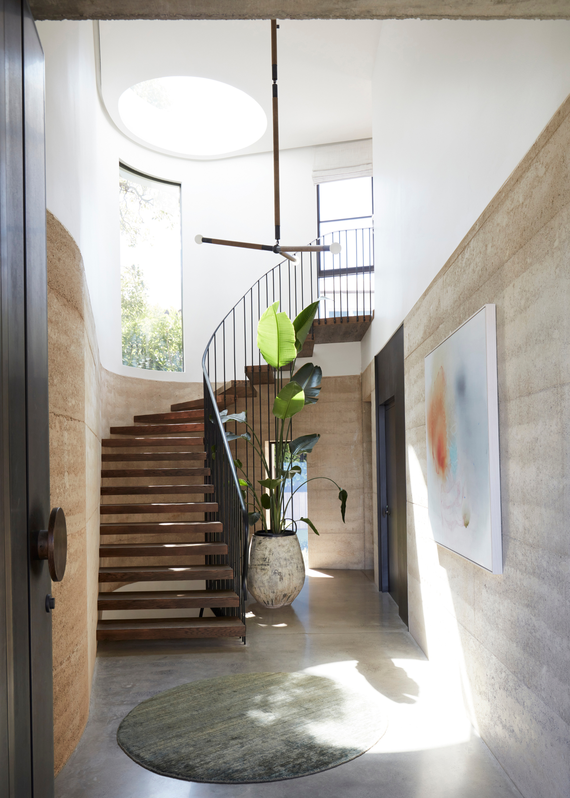 A tall potted plant beside a curved staircase