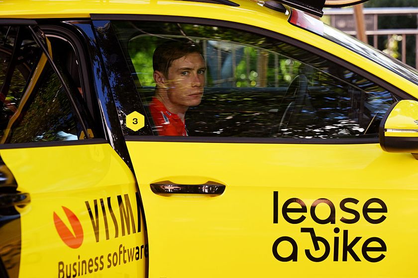 Jonas Vingegaard of Denmark and Team Visma | Lease a Bike - Red Leader Jersey and the peloton is at a standstill due to the pro-Palestinian protests in the city of Madrid during the La Vuelta - 80th Tour of Spain 2025, Stage 21 a 108km stage from Alalpardo to Madrid / The race is neutralised due to disturbances in central Madrid caused by pro-Palestinian protests / #UCIWT / on September 14, 2025 in Madrid, Spain