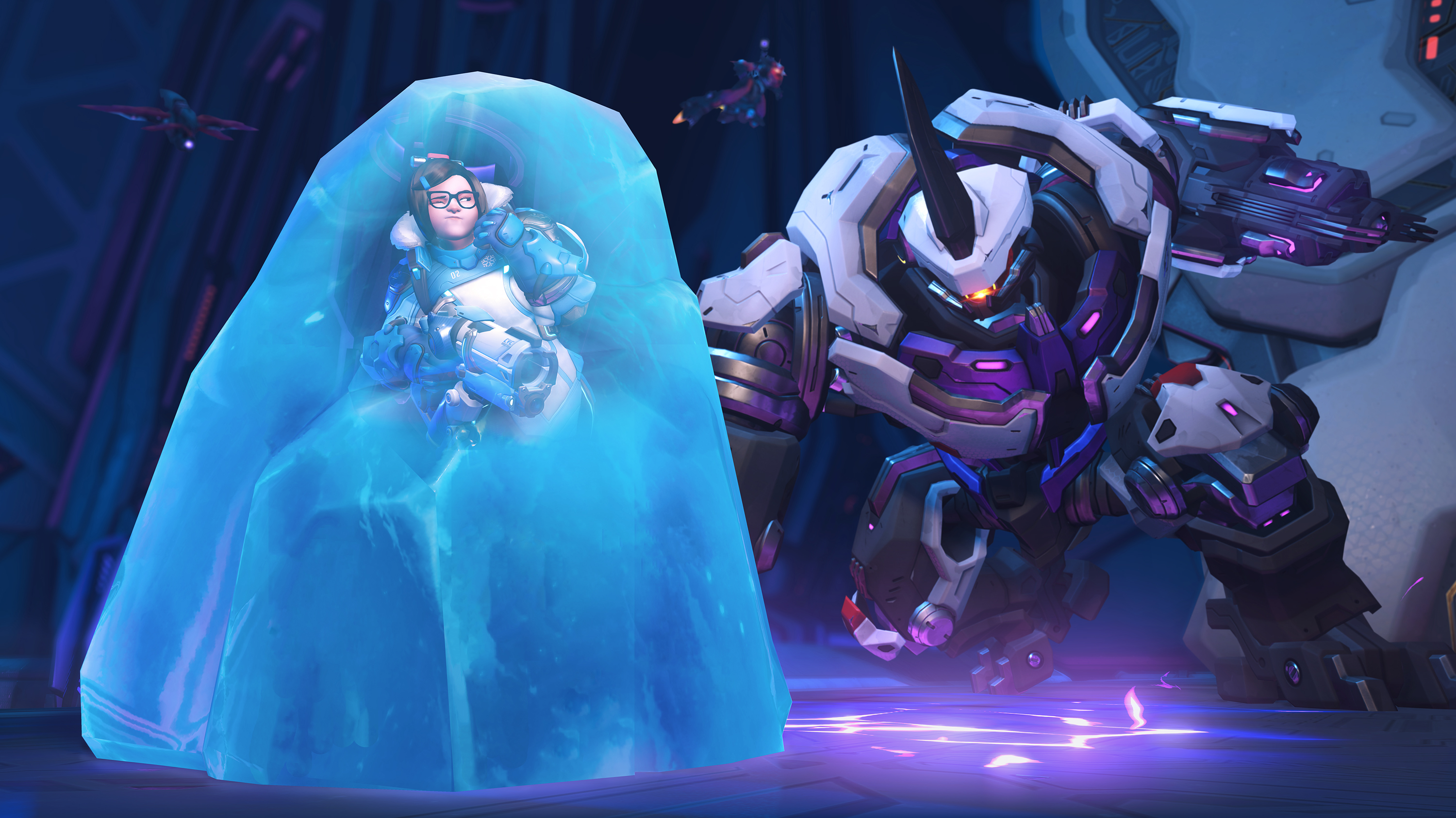 Overwatch 2's Mei in frozen block beside blue blob creature