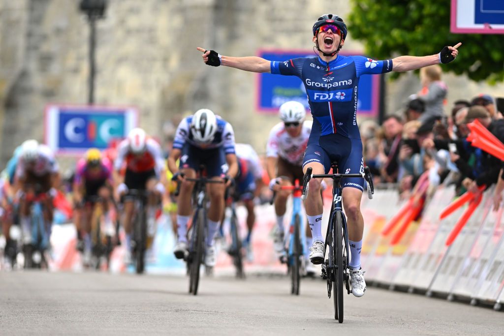 LAON FRANCE MAY 17 A general view of Romain Grgoire of France and Team GroupamaFDJ celebrates at finish line as stage winner ahead of Ethan Vernon of Great Britain and Team SoudalQuick Step and Benoit Cosnefroy of France and Team Ag2rCitron during the the 67th 4 Jours de Dunkerque Grand Prix des Hauts de France 2023 Stage 2 a 1699km at stage from Compigne to Laon on May 17 2023 in Laon France Photo by Luc ClaessenGetty Images