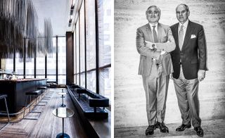 Pictured left: the bar features custom ’Tulip’ tables; bar stools of chrome-plated steel and leather, designed by Johnson and Mies van der Rohe; and custom banquettes by Philip Johnson and Associates. Right: The Four Seasons Restaurant’s co-owners Julian Niccolini (left) and Alex von Bidder (right) have run the bastion of mid-century elegance for two decades, and worked there for four. They now have plans to create a new restaurant in another architecturally significant space