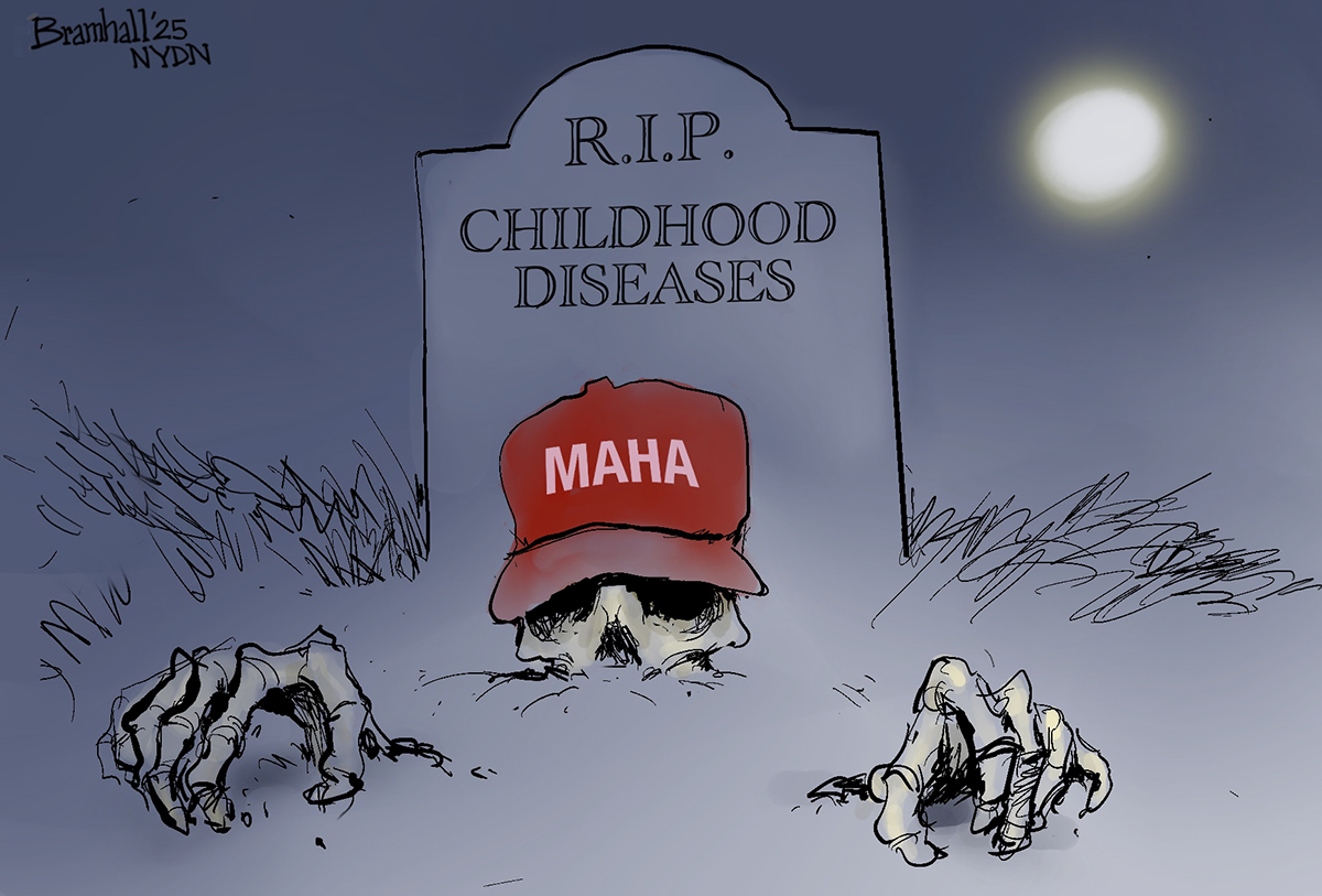 This editorial takes place in a spooky graveyard under a full moon. A single gravestone is here and is labeled &amp;ldquo;R.I.P. Childhood Diseases.&amp;rdquo; A skeleton with a MAHA hat is rising from the grave.