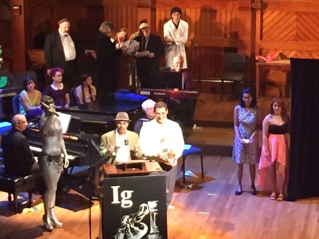 Researchers accept the Management Prize at the Ig Nobel Prize Ceremony on Sept. 17, 2015, at Harvard University&#039;s historic Sanders Theatre in Cambridge, Massachusetts.