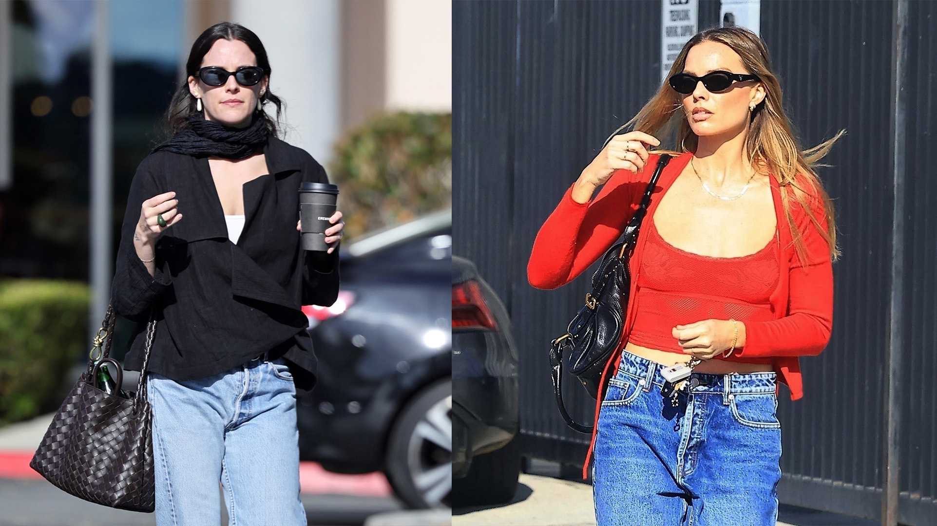 Riley Keough and Margot Robbie wearing baggy jeans and glove flats in L.A.