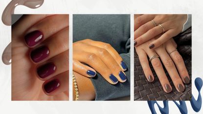 A collage of winter nail trends: on the left is a close-up of a hand with plum-coloured nails by nail artist Mateja Novakovic (@matejanova), alongside a picture of a hand with navy nails by manicurist Julia Diogo (@paintedbyjools), and finally, on the left, is a picture of hands with brown nails, again by nail artist, Mateja. All are featured on a white and grey background with two nail polish spills.
