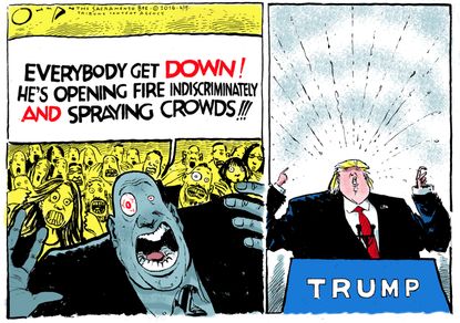 Political cartoon U.S. Donald Trump spraying words