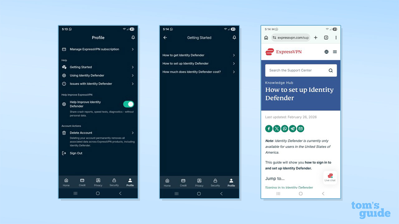 A screenshot of the Getting Started section of the Android app for ExpressVPN Identity Defender.
