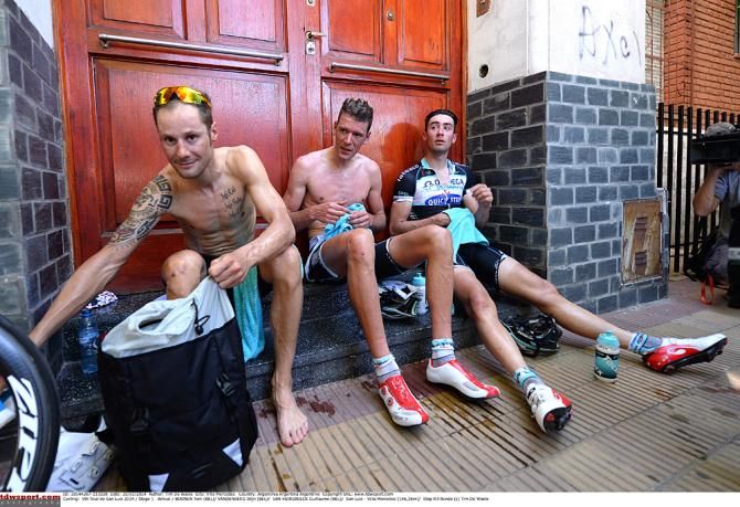 Tom Boonen and his Omega Pharma Quickstep teammates cool off after stage 1