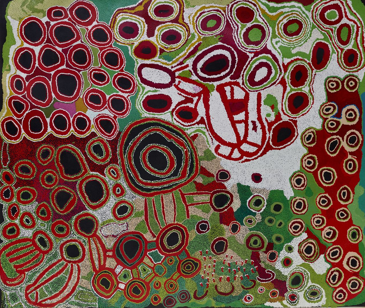 Kungkarangkalpa (Seven Sisters), 2013, by Anne Ngantiri Hogan (about 1945 – 2014), Tjaruwa Woods (b.1954), Yarangka Thomas (b. about 1939), Estelle Hogan (b. about 1937), Ngalpingka Simms (b. about 1945) and Myrtle Pennington (b.1935), 6½ft by 7½ft, British Museum, London.