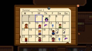 The Stardew Valley calendar, with birthdays displayed for several different characters.